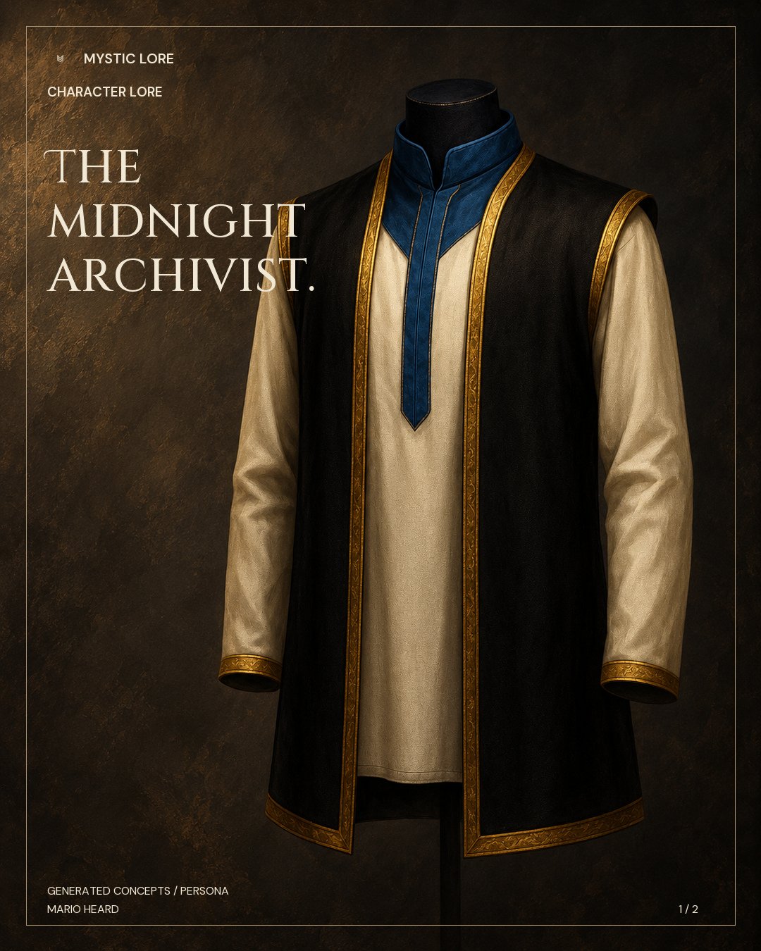 The Midnight Archivist campaign card: a black dress form wears a cream long-sleeved tunic with a raised blue collar beneath a long black vest edged in gold, against a warm textured background.