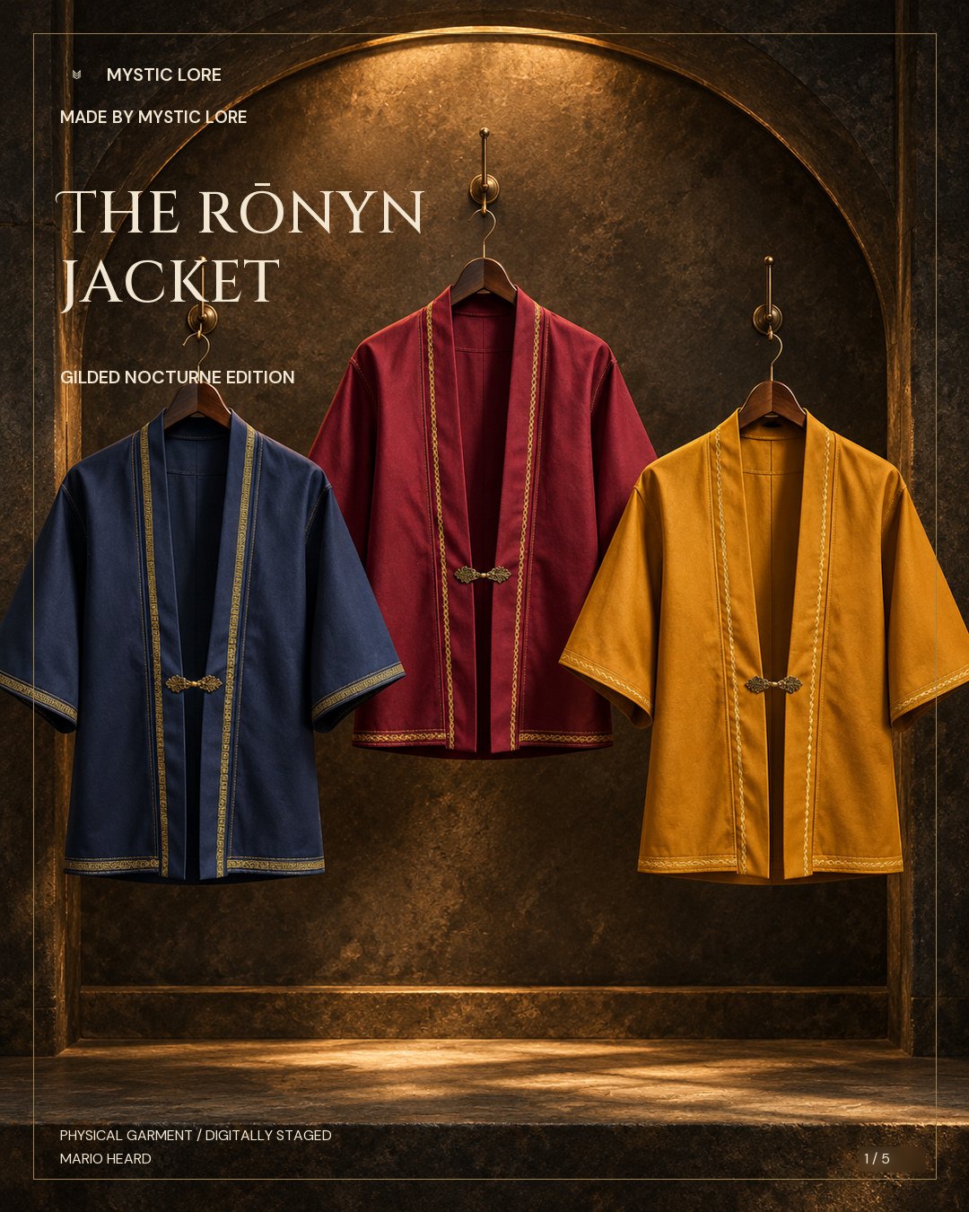 The Rōnyn Jacket, Gilded Nocturne Edition: midnight blue, crimson, and gold jackets with gold edging, hanging in a bronze alcove.