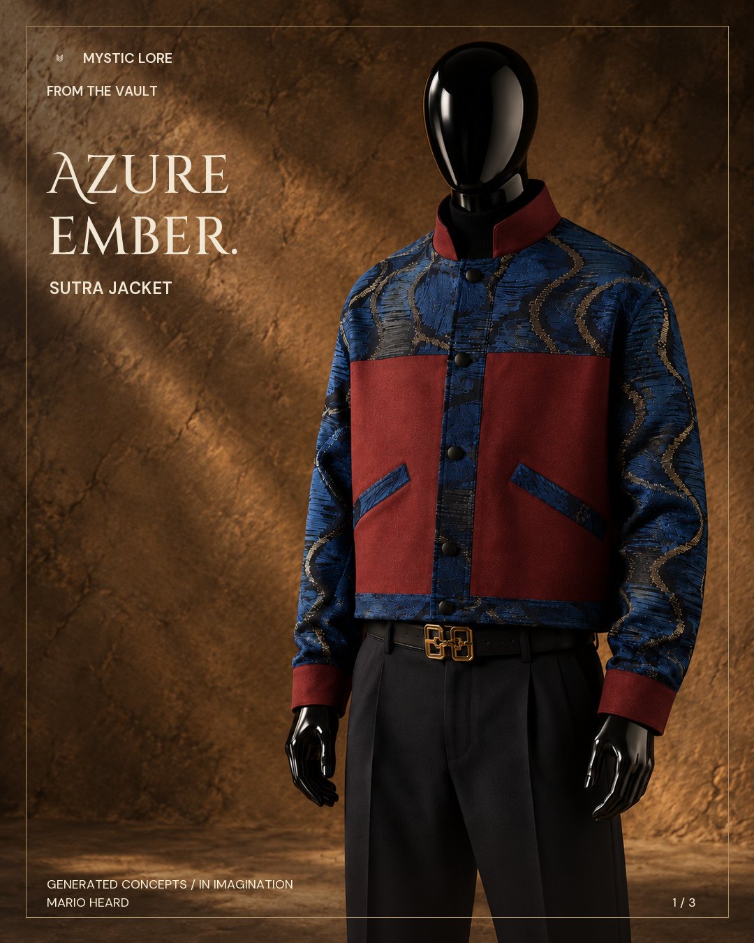 Azure Ember concept card: a glossy black mannequin wears the cropped Sutra jacket with a warm red stand collar, front panels and cuffs, blue-and-gold feathered sleeves and yoke, dark buttons, and angled pockets against a warm stone setting.